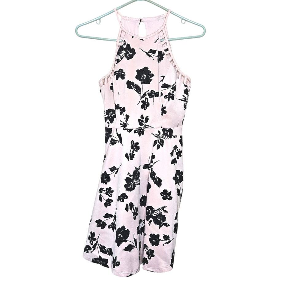 City Triangles Sixz 5 Juniors Light Pink Black Floral Velvet Dress Preppy Chic